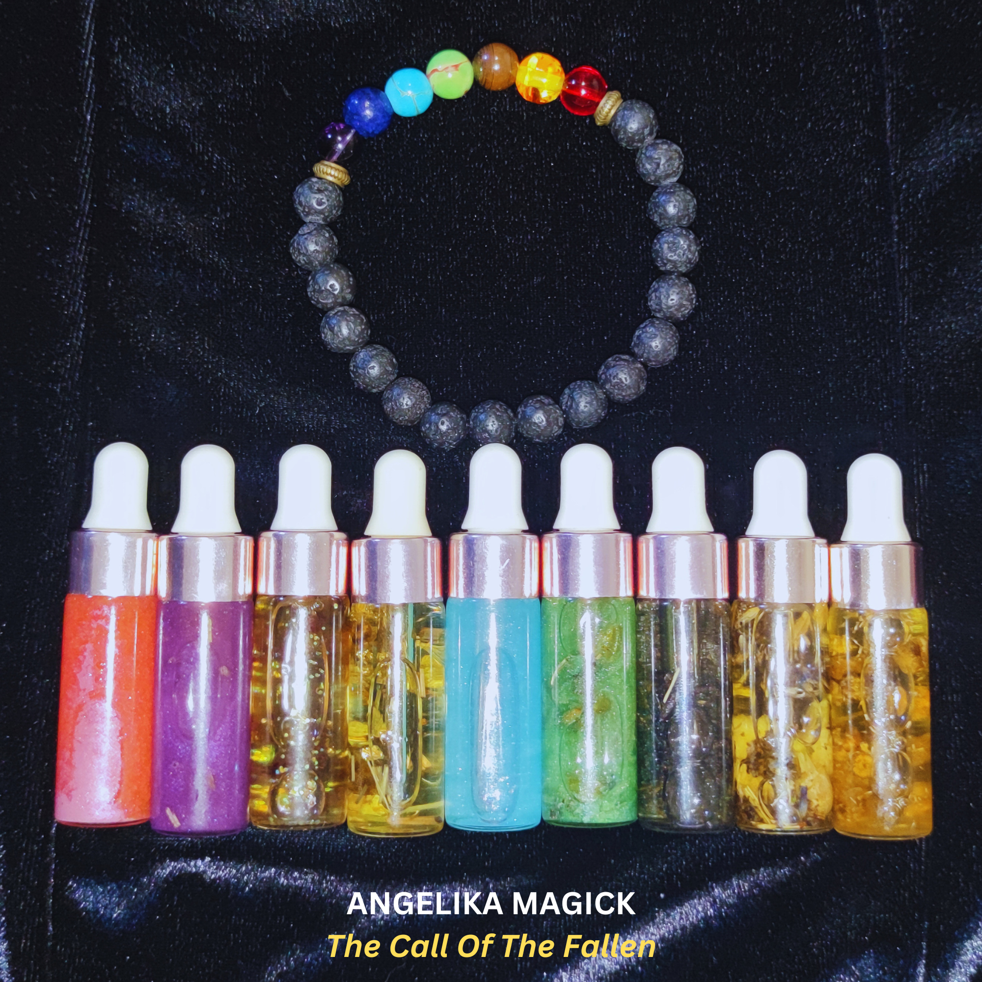 6x5ml Bottles Handcrafted Ritual Magical Oils with Lava Stone Bracelet - Energized Oils - Intention Oils - Spirit Offering Oils - by Angelika Magick