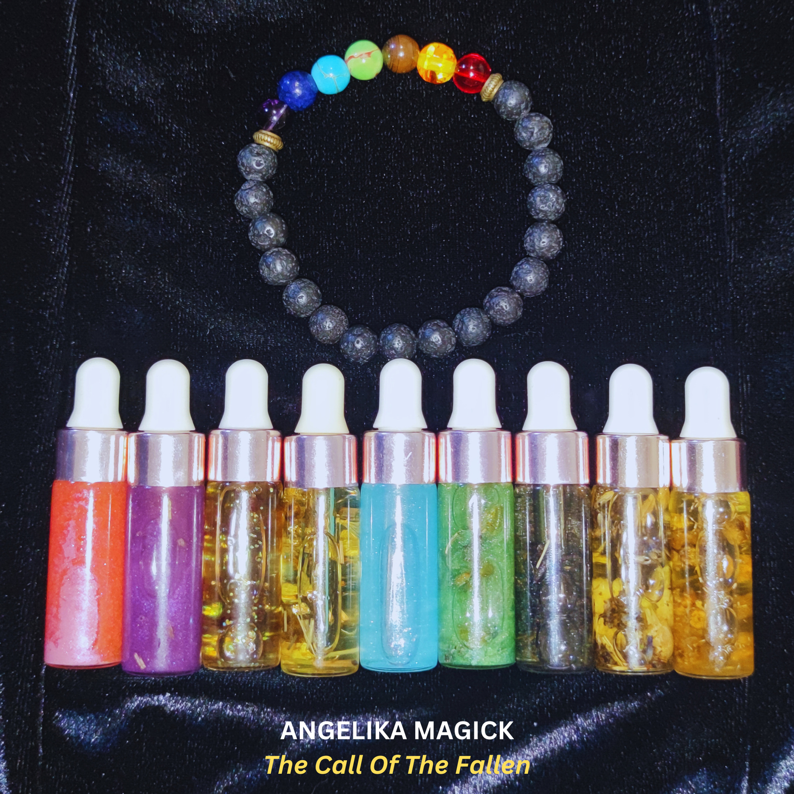 6x5ml Bottles Handcrafted Ritual Magical Oils with Lava Stone Bracelet - Energized Oils - Intention Oils - Spirit Offering Oils - by Angelika Magick