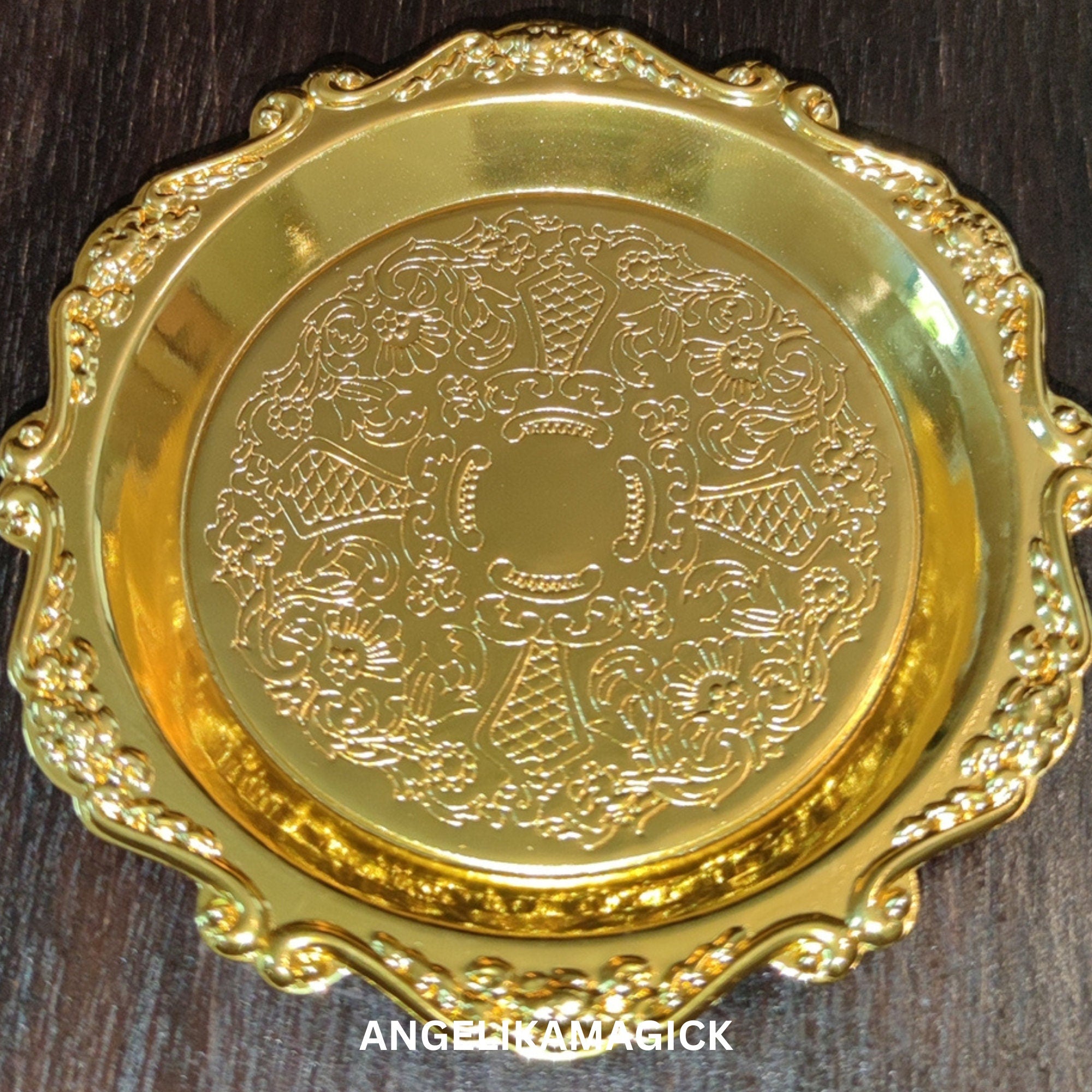 Enchanted Golden Plate/Candle Holder with 3 Functionalities: Cleansing, 3x Boosting Candle, 3x Boosting Offerings - Beautiful Teaspoon Included!